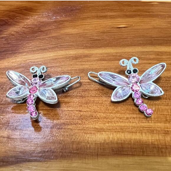 Vintage Dragonfly Barrettes Hair Clasp Pink Jeweled Y2K 90's Retro Accessory - Picture 1 of 6